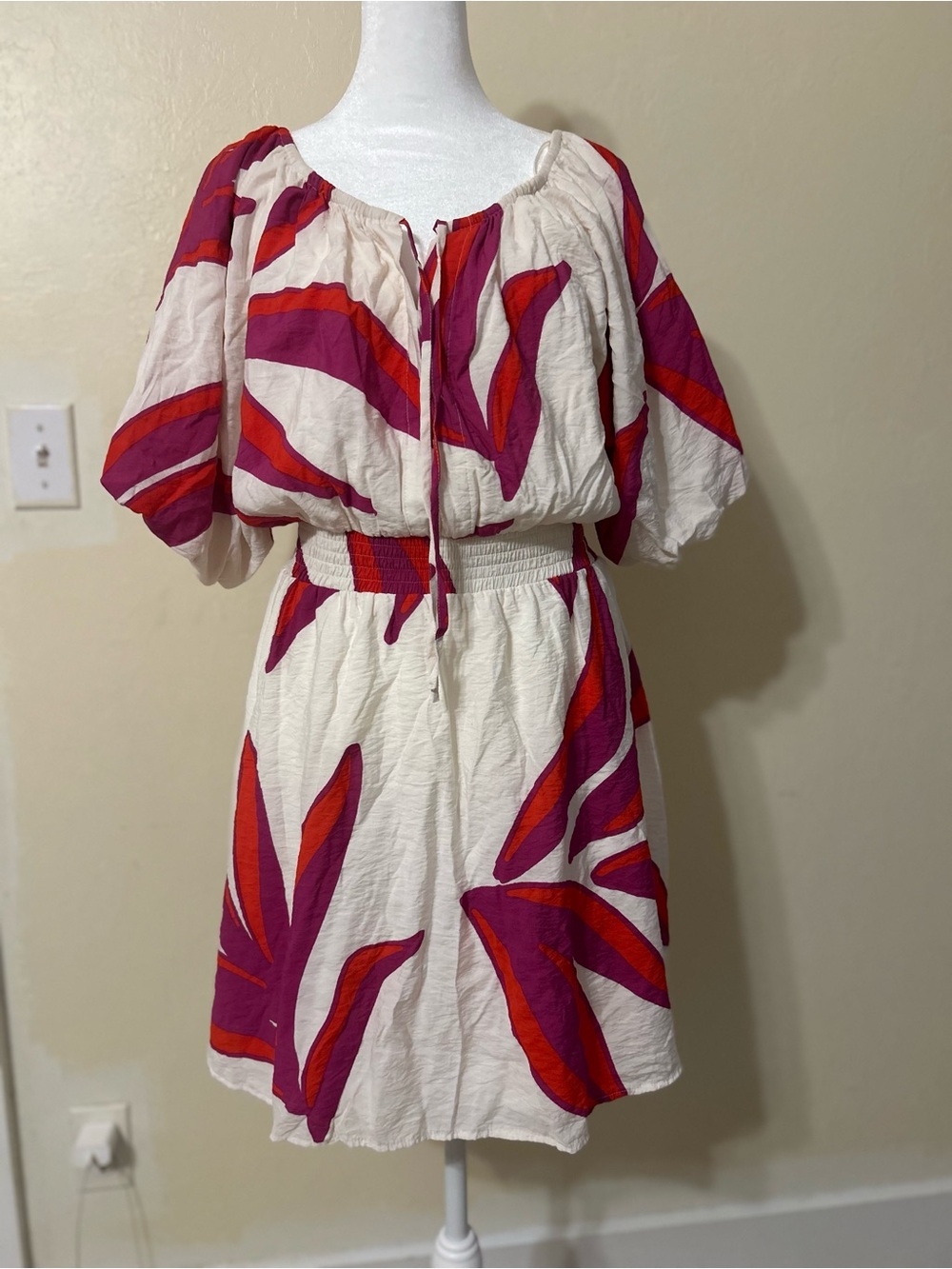 Nine West Cream Mini Dress with Red and Magenta Leaf Print